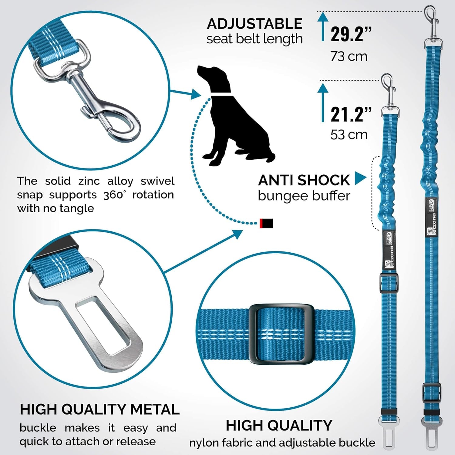 Adjustible Car Harness | Seat Belt for Pets with Elastic Bungee Buffer | Essential Travel Accessories | Dog Leash Safety Restraint | Elastic (Blue)